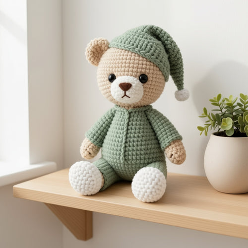 Crochet teddy bear in pyjamas, one of five patterns in the Christmas gift bundle