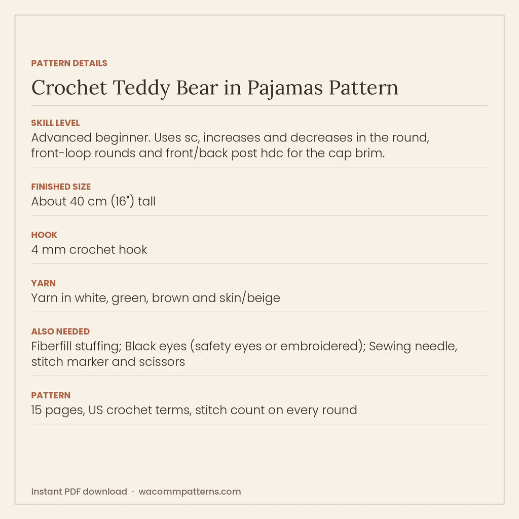 Crochet teddy bear dressed for bedtime in a green onesie, white slippers and a pointed nightcap - PDF crochet pattern, instant download