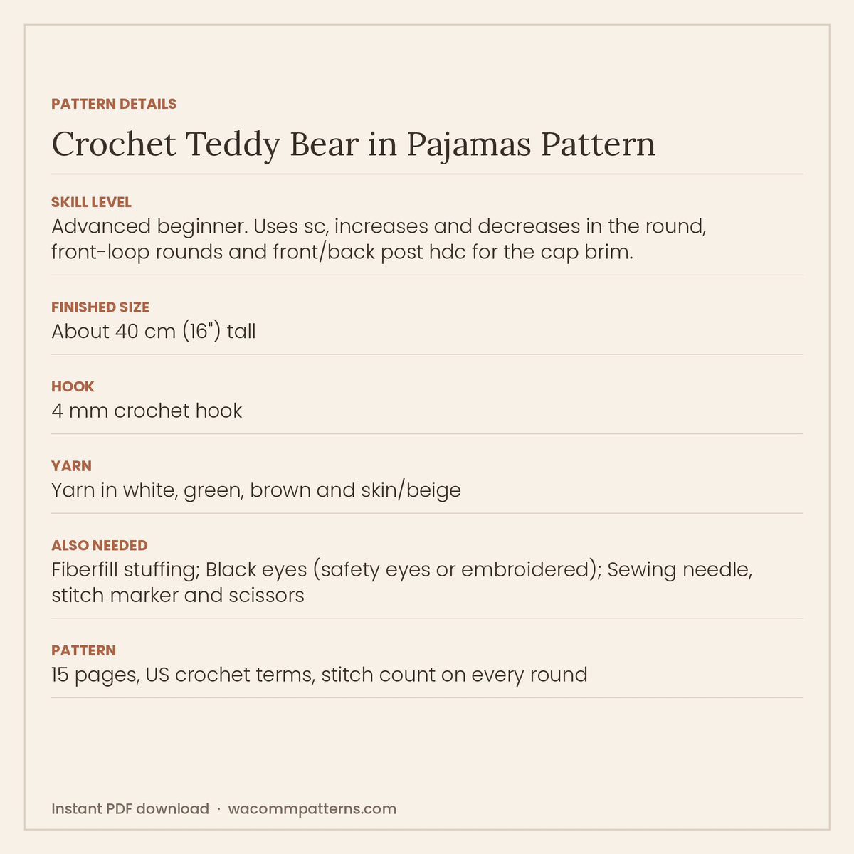 Crochet teddy bear dressed for bedtime in a green onesie, white slippers and a pointed nightcap - PDF crochet pattern, instant download