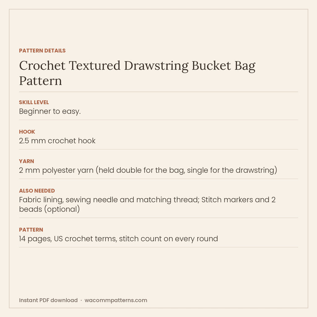 Crochet drawstring bucket bag with an oval base, an open mesh band and a cluster-stitch body - PDF crochet pattern, instant download