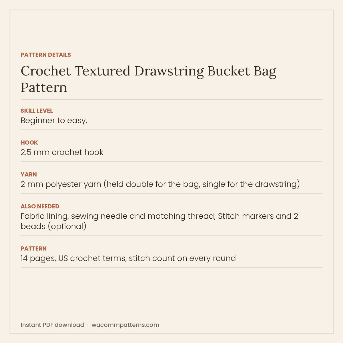 Crochet drawstring bucket bag with an oval base, an open mesh band and a cluster-stitch body - PDF crochet pattern, instant download