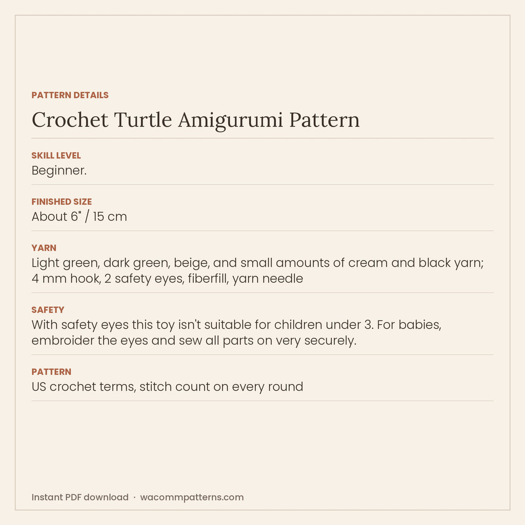 Small round crochet turtle amigurumi with a domed shell, stitched smile and beige belly - PDF crochet pattern, instant download