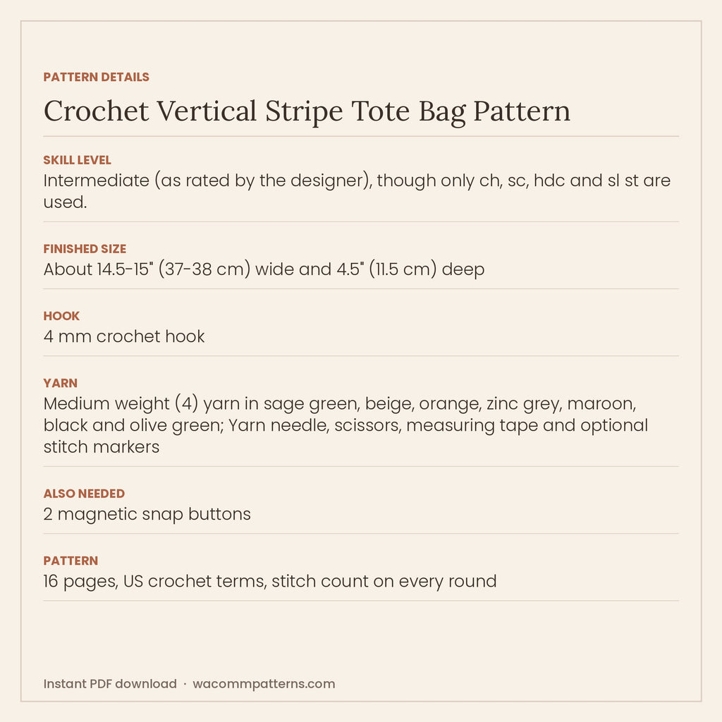 Structured crochet tote in sage green and beige with a band of bold vertical stripes - PDF crochet pattern, instant download