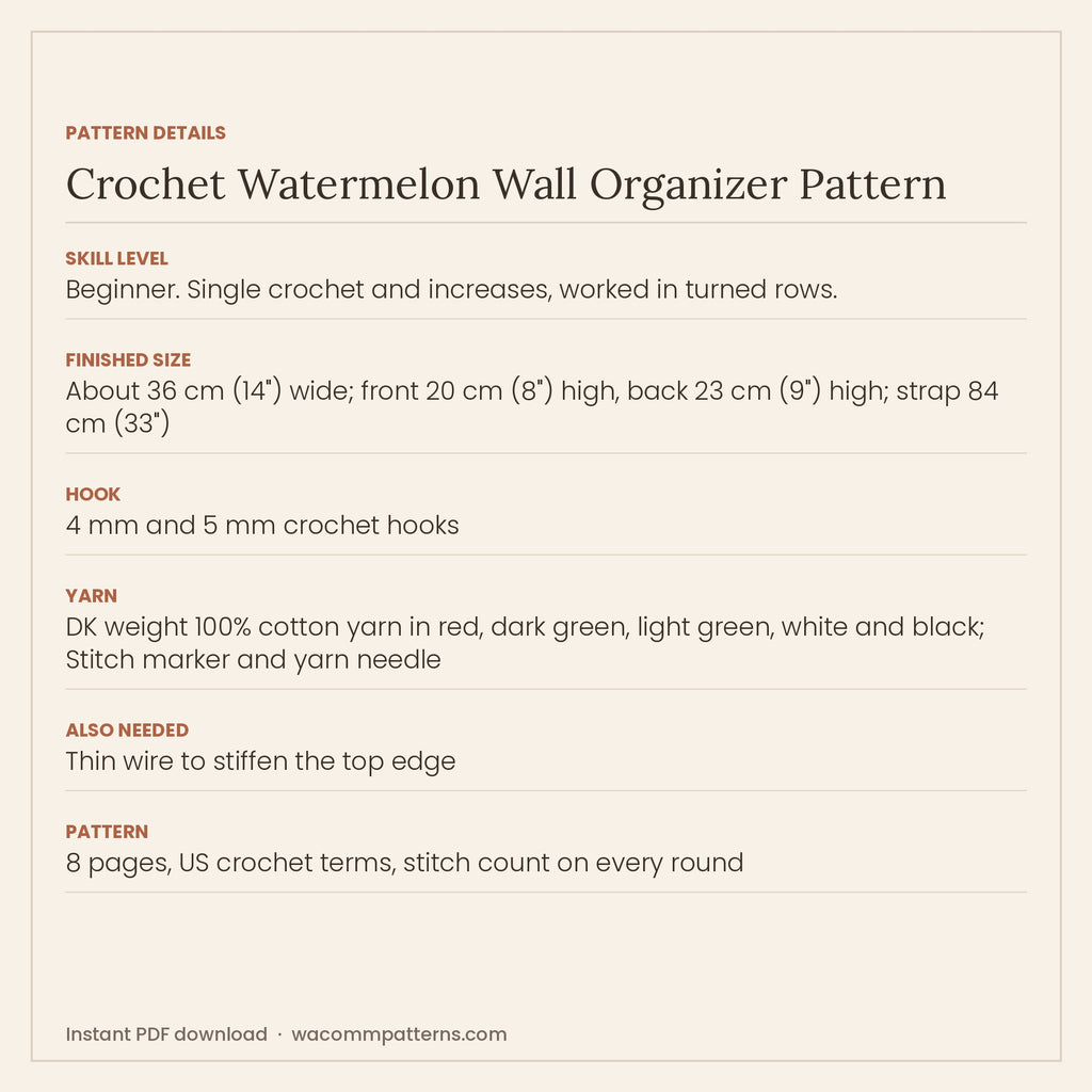 Crochet watermelon slice wall pocket for notes, pens, letters and little treasures - PDF crochet pattern, instant download