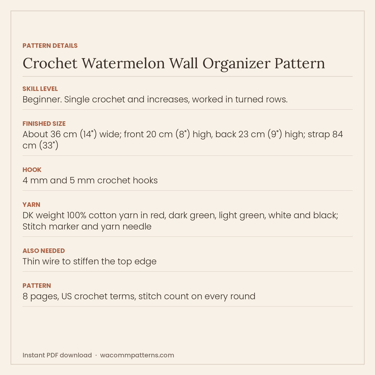 Crochet watermelon slice wall pocket for notes, pens, letters and little treasures - PDF crochet pattern, instant download