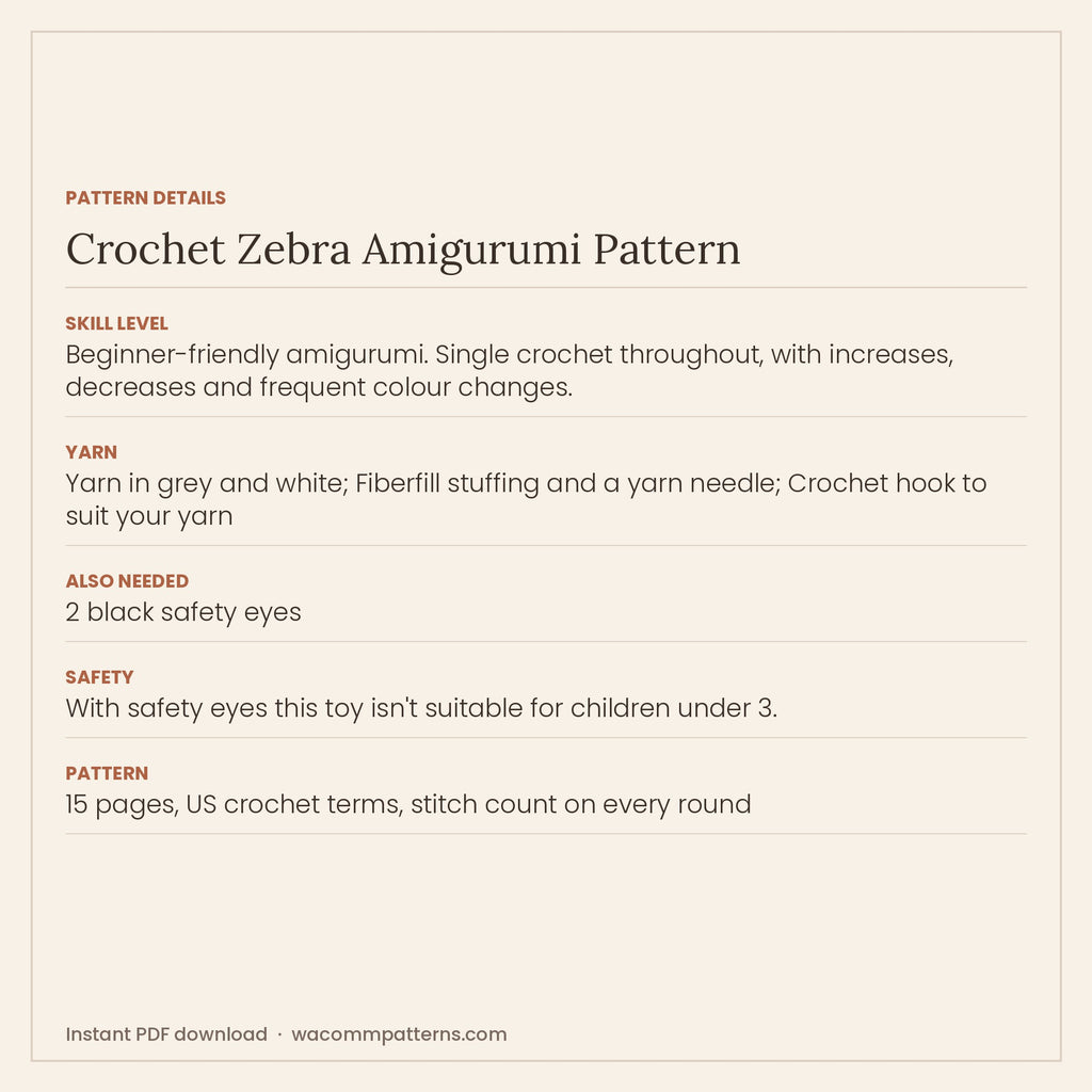 Crochet zebra amigurumi with a grey muzzle, perky ears and a fringed yarn mane - PDF crochet pattern, instant download