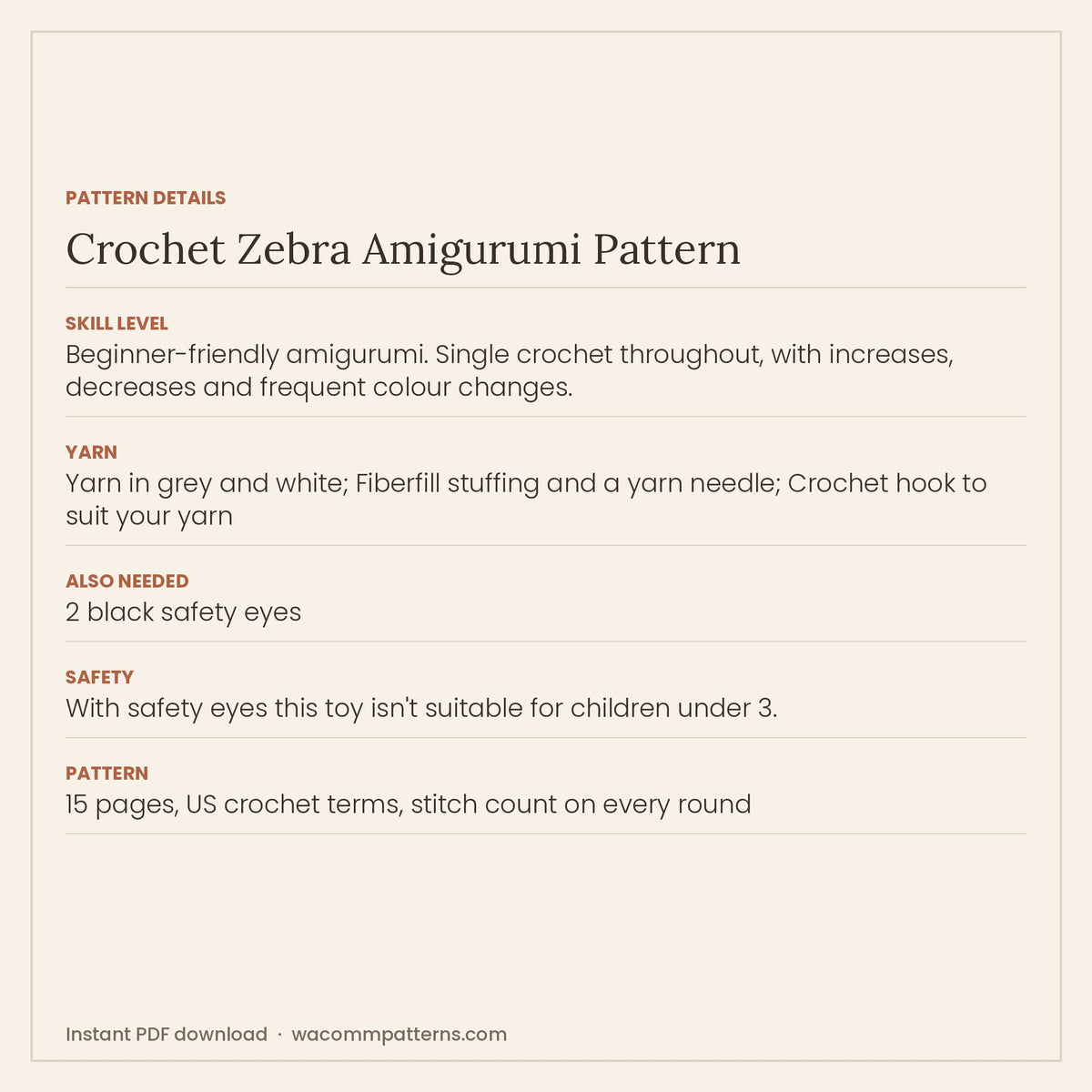 Crochet zebra amigurumi with a grey muzzle, perky ears and a fringed yarn mane - PDF crochet pattern, instant download