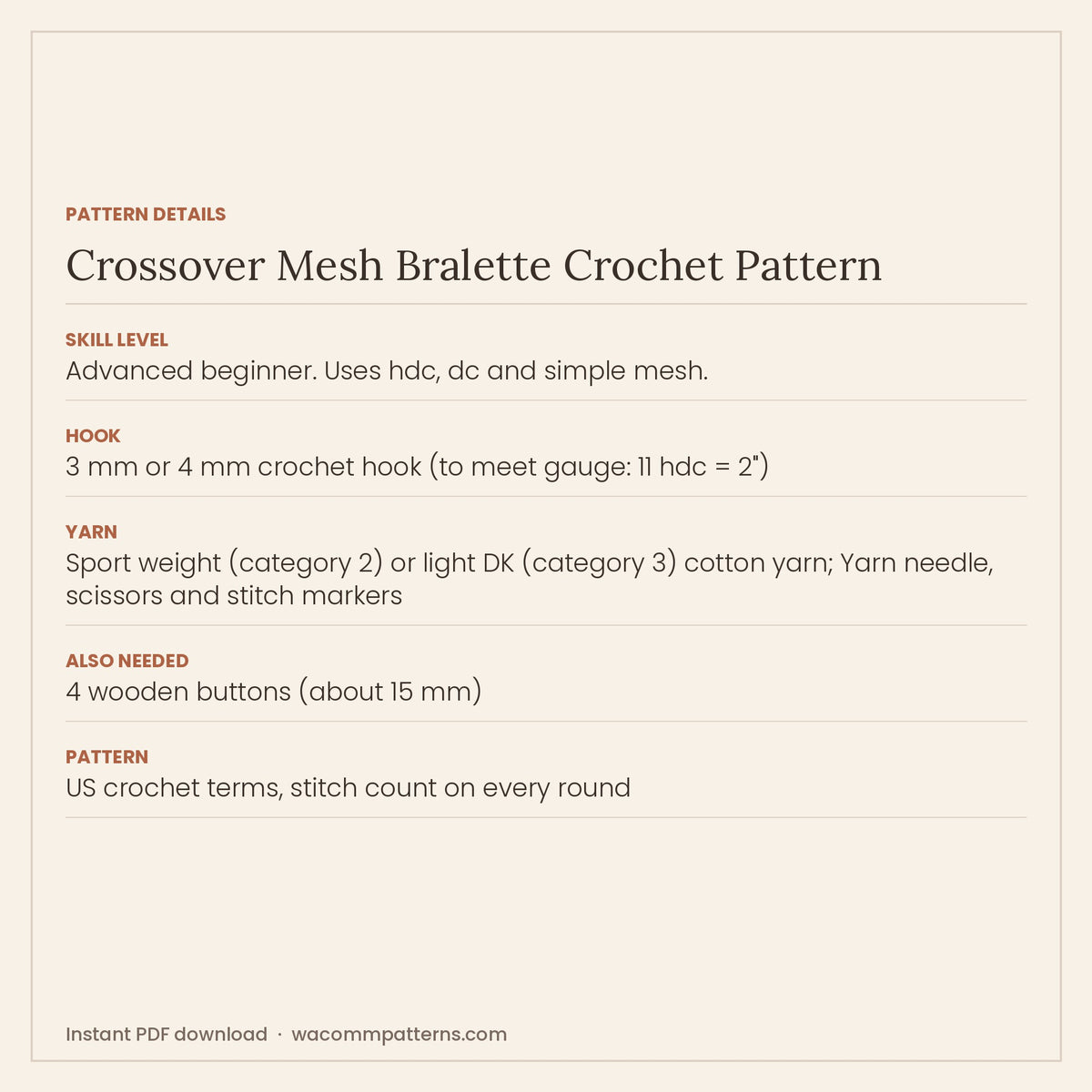 Crochet crossover mesh bralette with ribbed cups and open mesh wrap bands that cross at the front - PDF crochet pattern, instant download