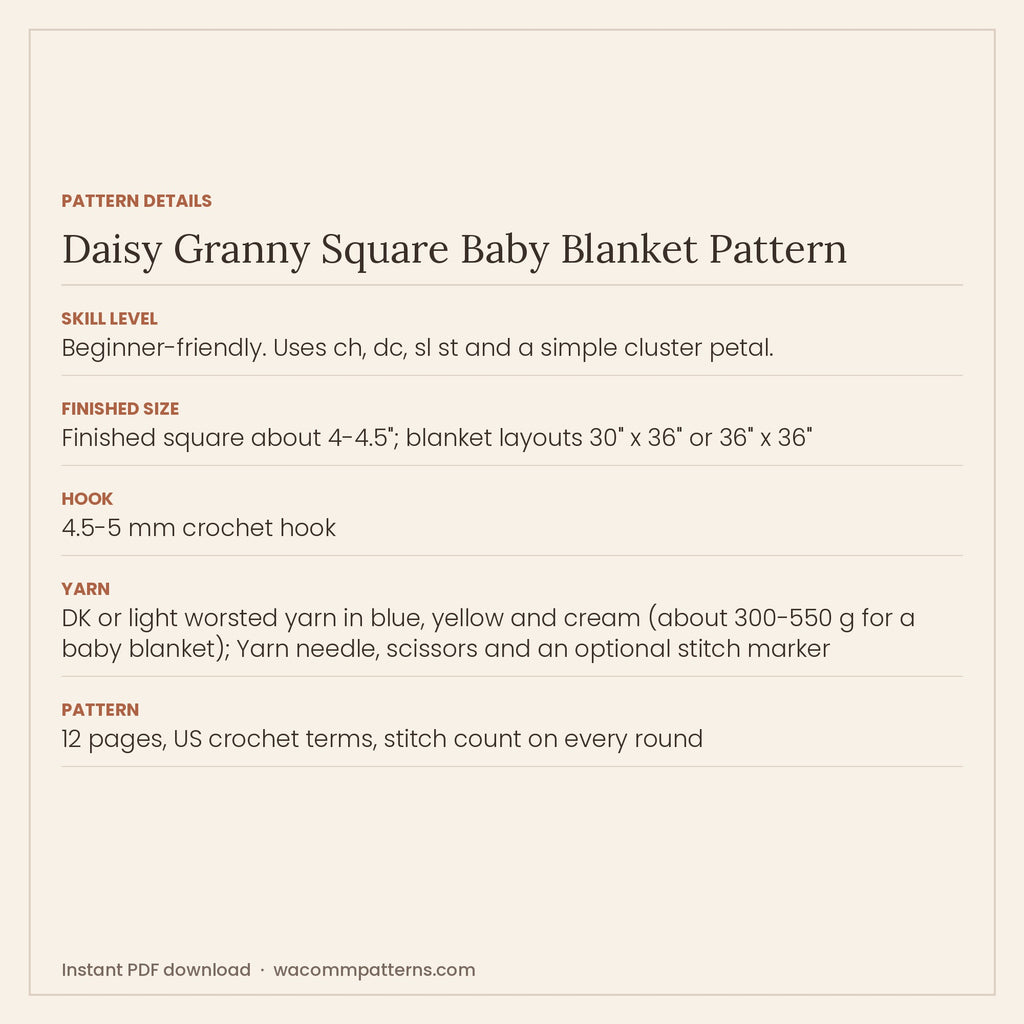 Crochet baby blanket of blue and yellow daisy granny squares framed in cream with a shell edging - PDF crochet pattern, instant download