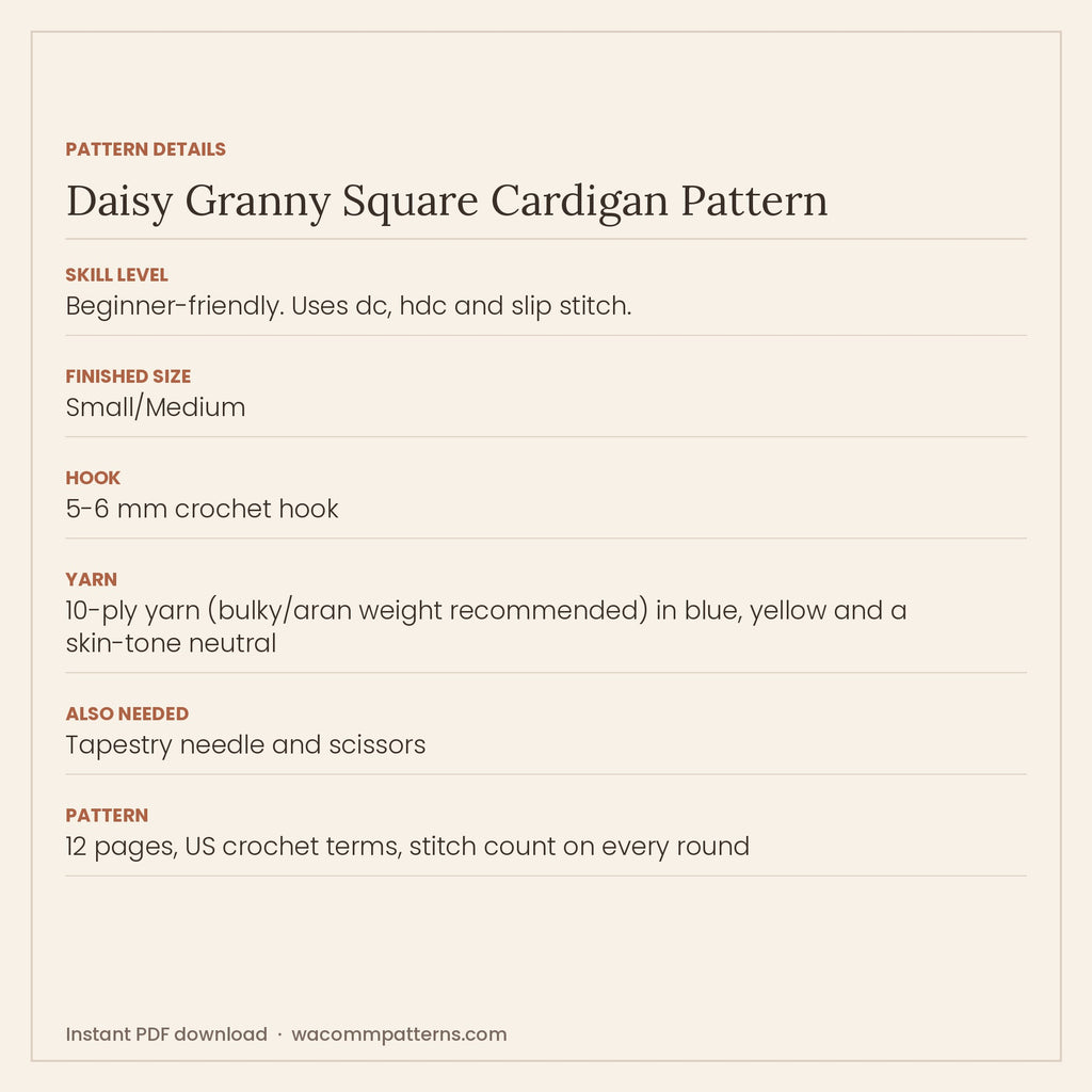 Cropped crochet cardigan made from 27 daisy granny squares joined with a raised visible seam - PDF crochet pattern, instant download