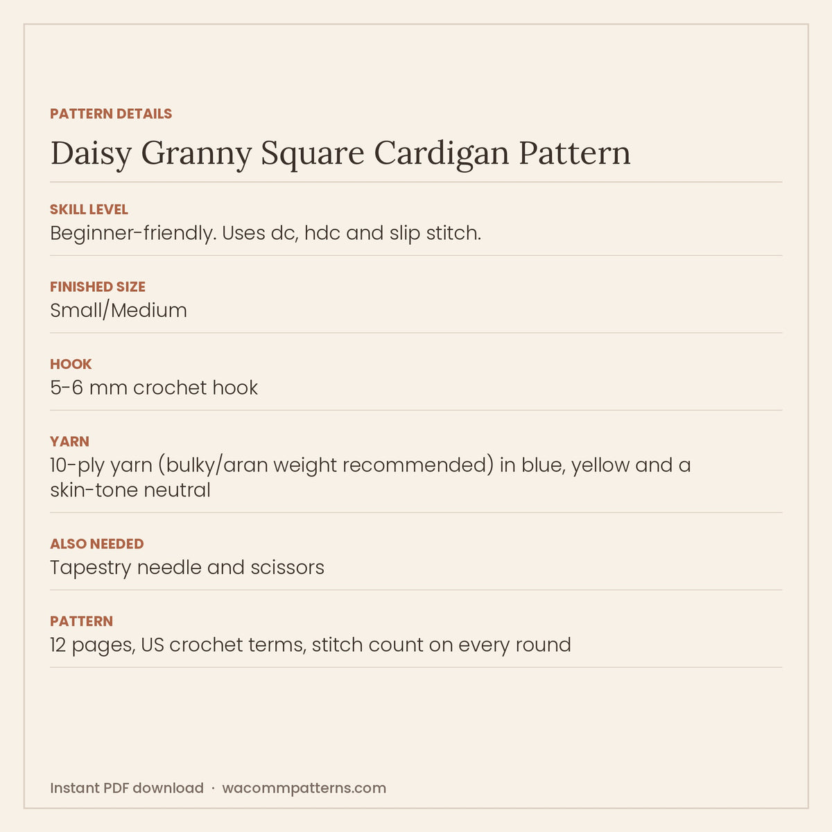 Cropped crochet cardigan made from 27 daisy granny squares joined with a raised visible seam - PDF crochet pattern, instant download