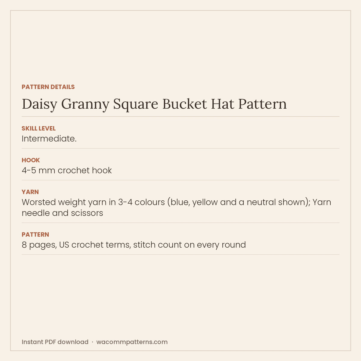 Crochet daisy bucket hat with a hexagon crown, six daisy granny squares and a short brim - PDF crochet pattern, instant download