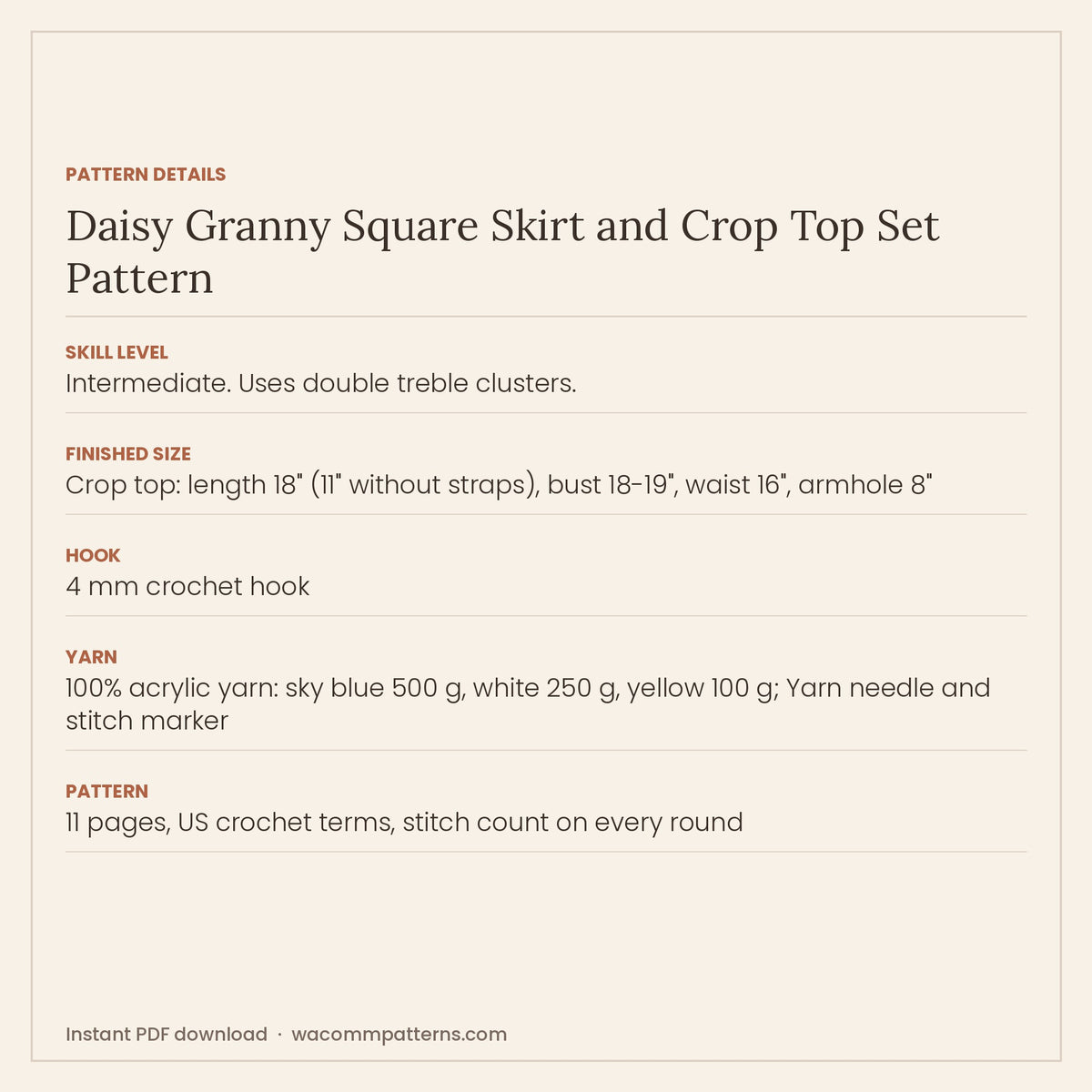 Crochet daisy granny square set with a strappy crop top and a long flared skirt in sky blue - PDF crochet pattern, instant download