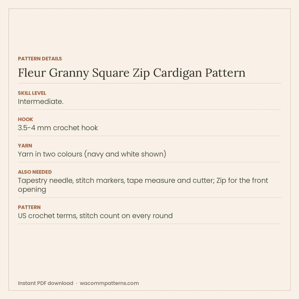 Cropped crochet zip jacket made from navy flower granny squares framed in white, with puffy sleeves - PDF crochet pattern, instant download