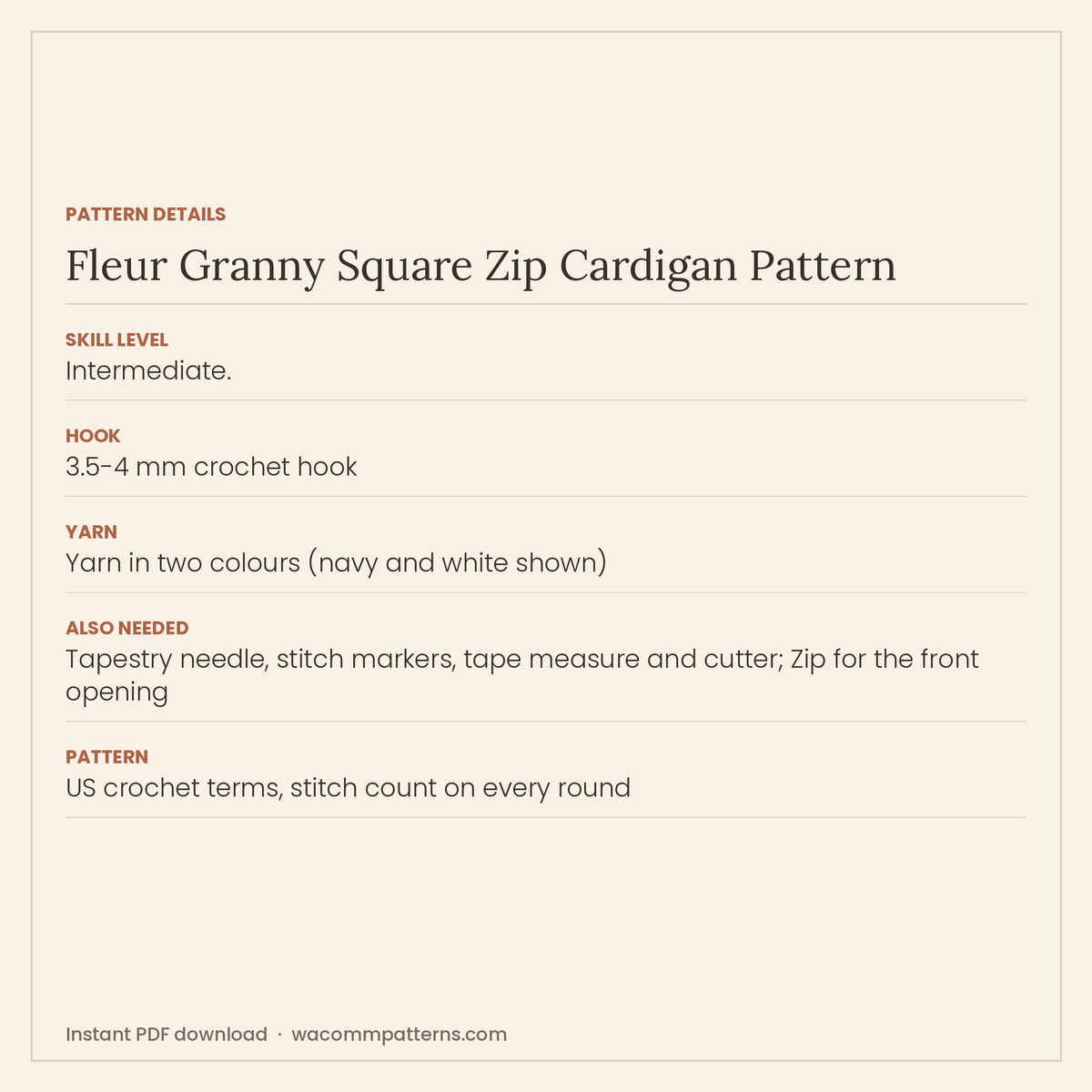 Cropped crochet zip jacket made from navy flower granny squares framed in white, with puffy sleeves - PDF crochet pattern, instant download