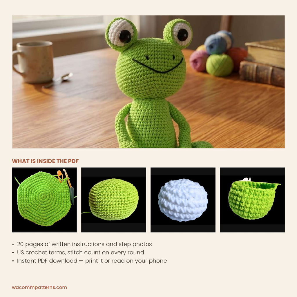 Crochet frog amigurumi with big bulging eyes, a stitched smile and bendable arms and legs - handmade crochet pattern by WacommPatterns