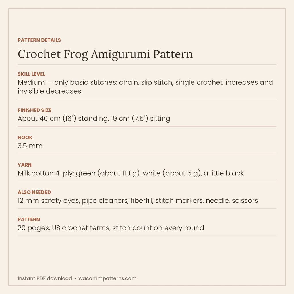 Crochet frog amigurumi with big bulging eyes, a stitched smile and bendable arms and legs - downloadable crochet pattern PDF
