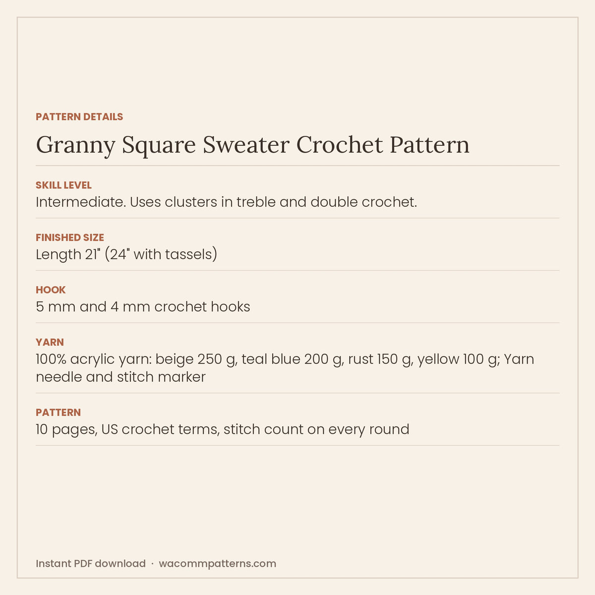 Crochet flower granny square sweater in beige, rust, teal and yellow with a ribbed neckline - PDF crochet pattern, instant download