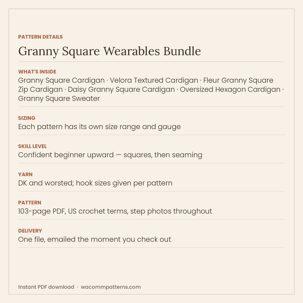 What's inside the Granny Square Wearables Bundle (6 Patterns)