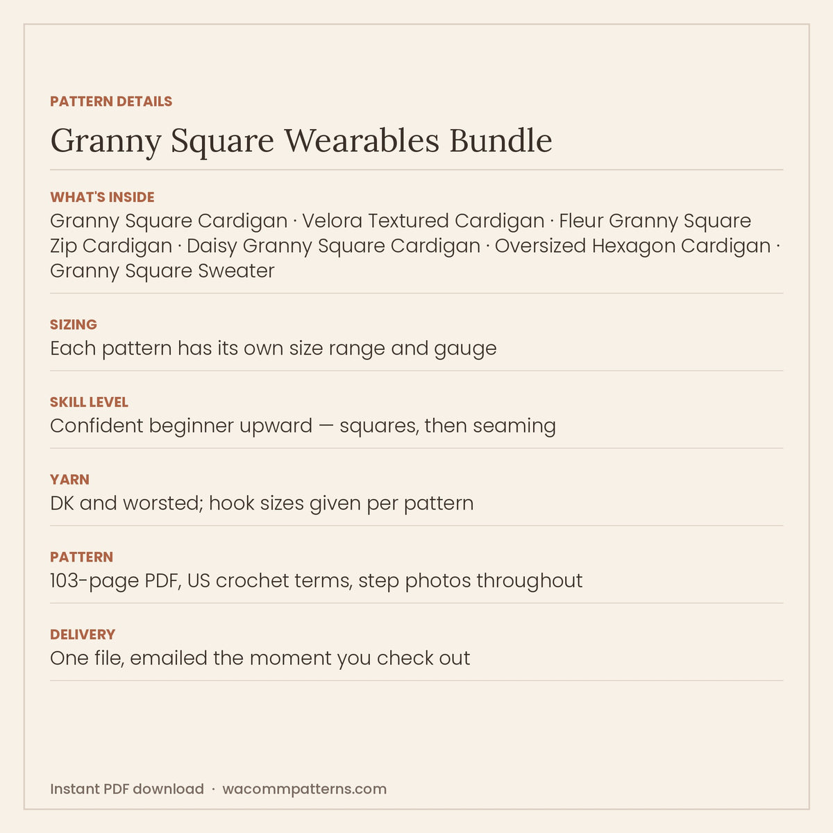 What's inside the Granny Square Wearables Bundle (6 Patterns)
