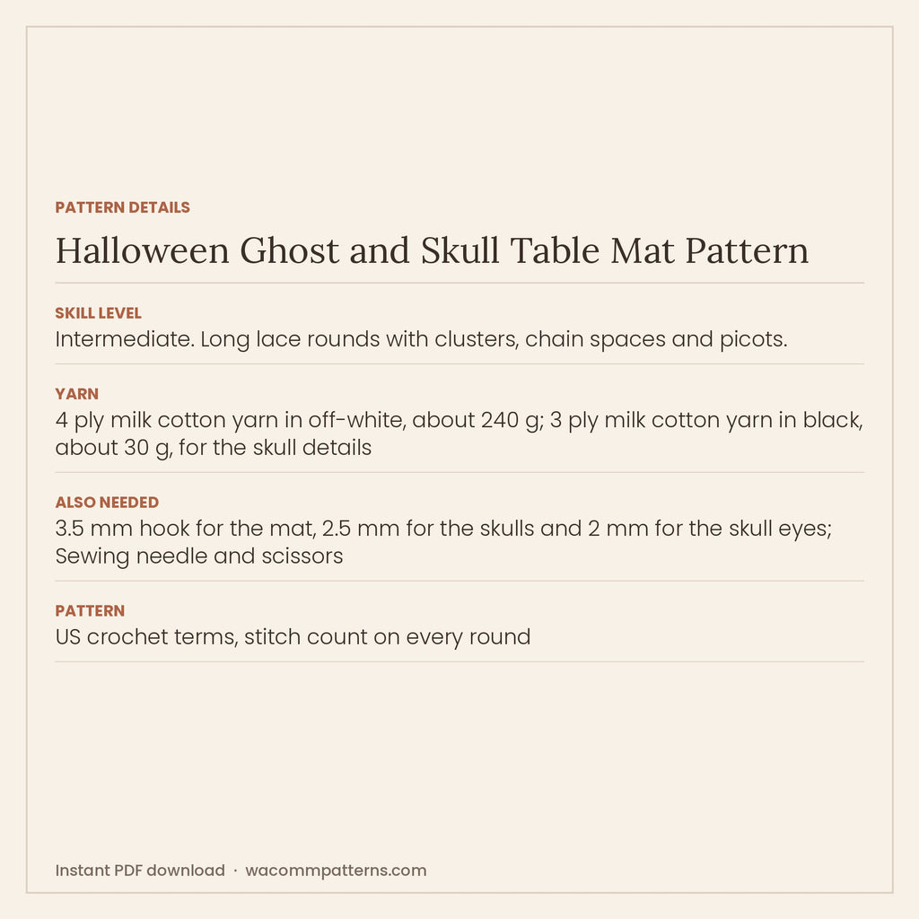 Lacy Halloween crochet table mat with a ring of ghosts worked into the rounds and embroidered skulls - PDF crochet pattern, instant download