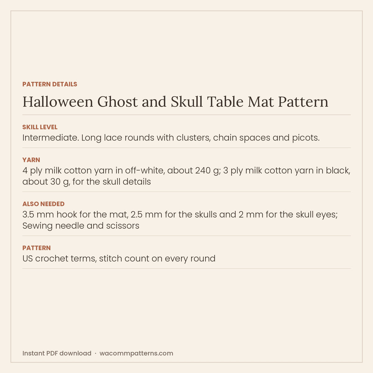 Lacy Halloween crochet table mat with a ring of ghosts worked into the rounds and embroidered skulls - PDF crochet pattern, instant download
