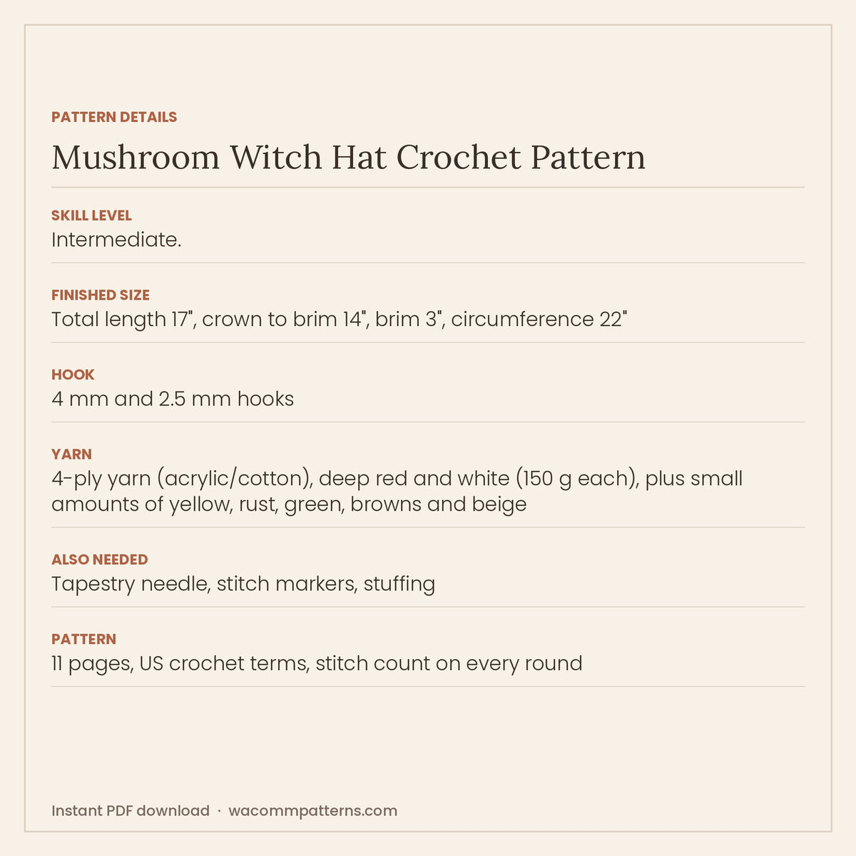 Tall red crochet witch hat covered in 3D mushrooms, autumn leaves, polka dots and a dangling acorn - PDF crochet pattern, instant download