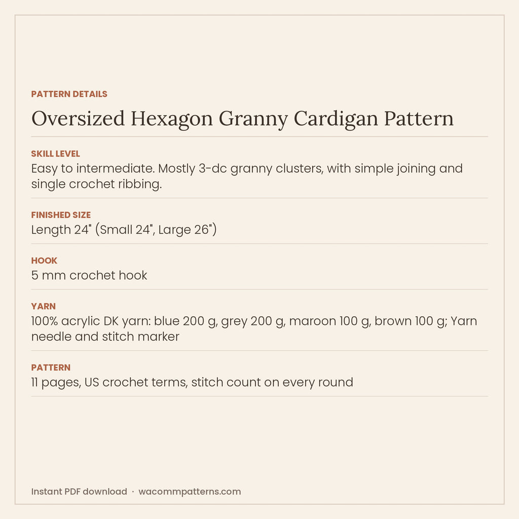 Relaxed oversized crochet cardigan built from two granny hexagons with granny square sleeves - PDF crochet pattern, instant download