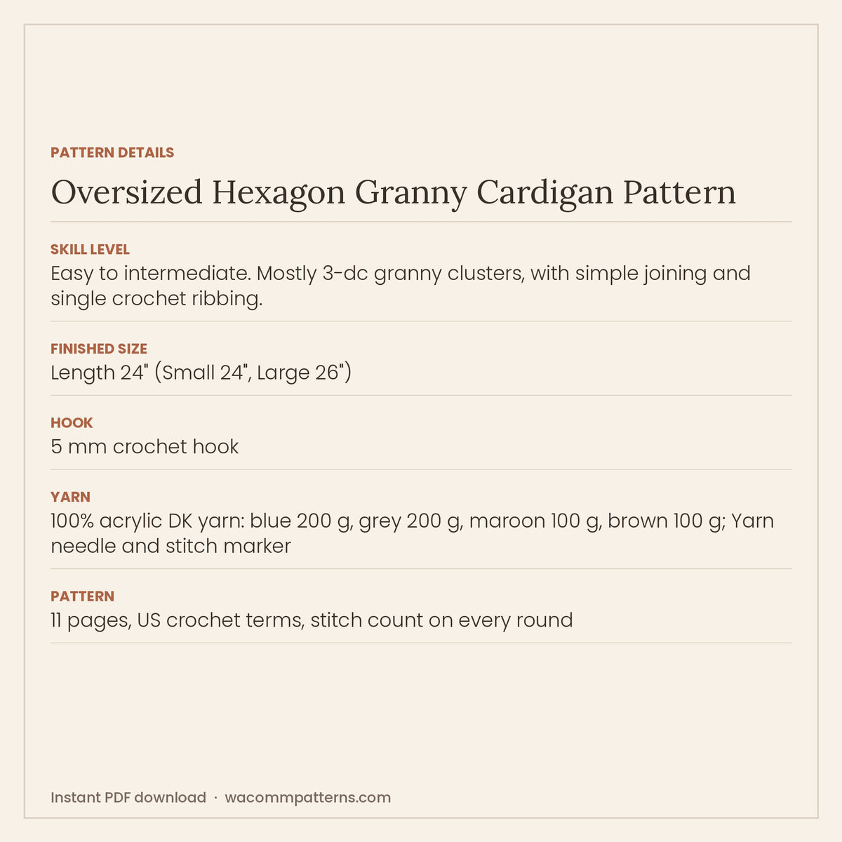 Relaxed oversized crochet cardigan built from two granny hexagons with granny square sleeves - PDF crochet pattern, instant download