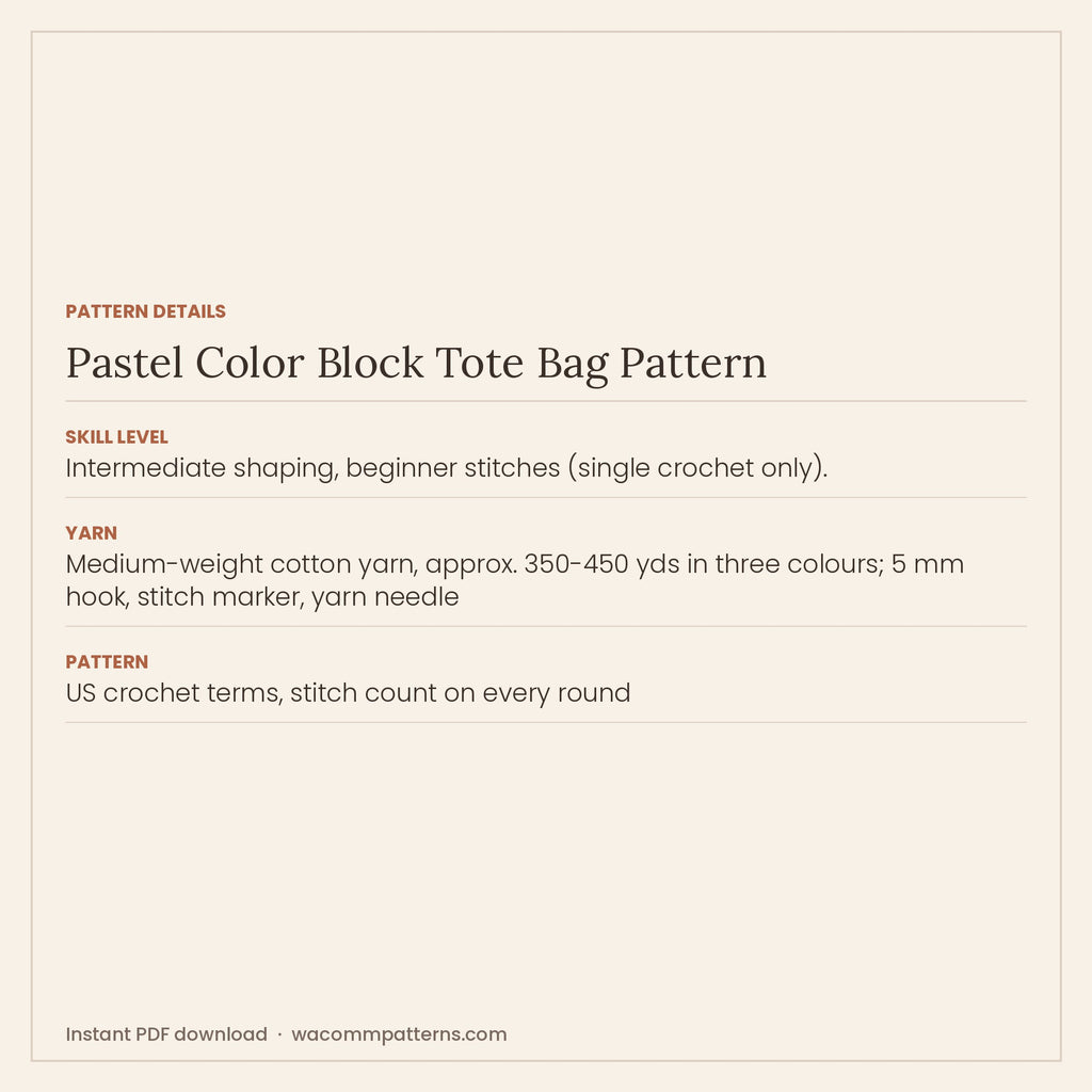 Pastel colour-block crochet shoulder tote worked bottom-up in seamless spiral rounds - PDF crochet pattern, instant download