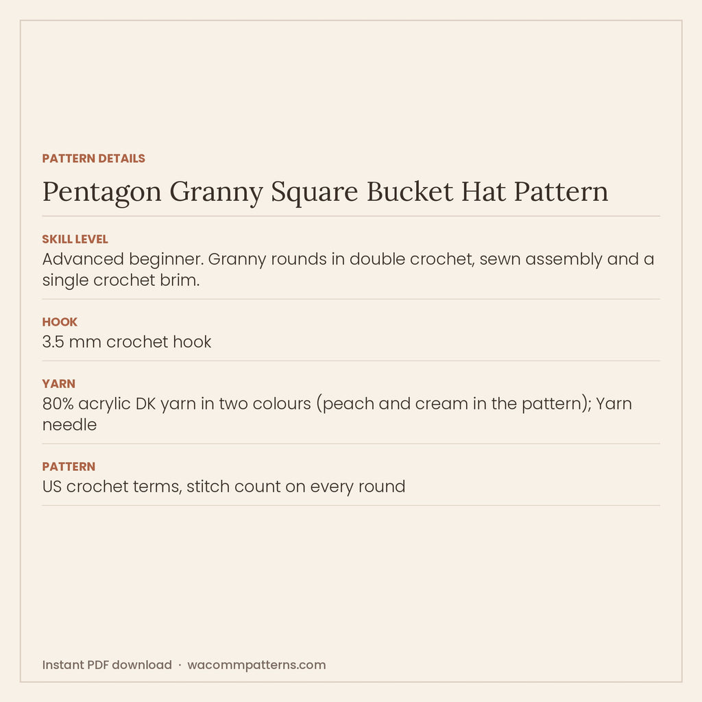 Two-colour crochet granny square bucket hat with a pentagon crown and five granny squares - PDF crochet pattern, instant download
