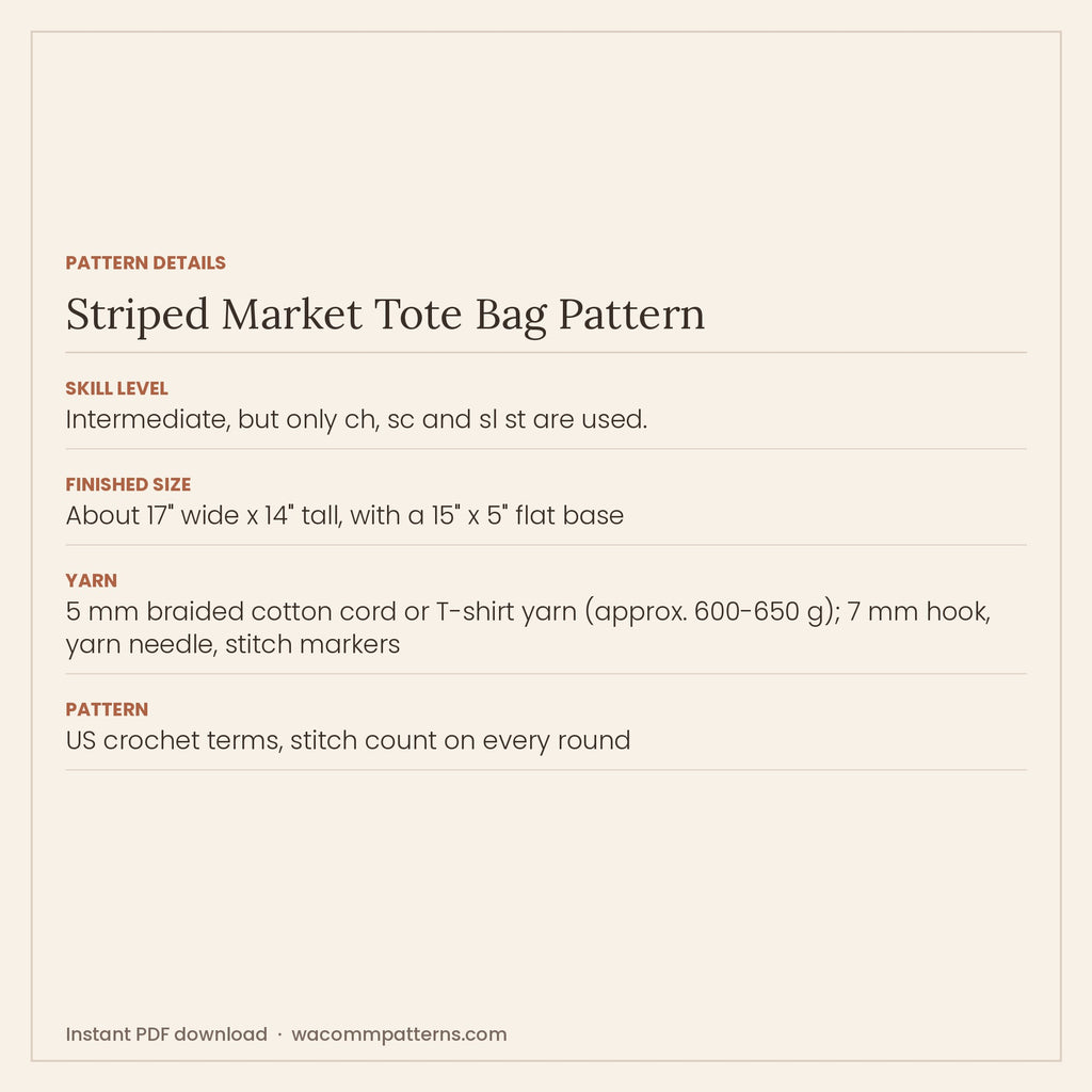 Structured crochet market tote with a seven-stripe colour-block body and double-thick handles - PDF crochet pattern, instant download