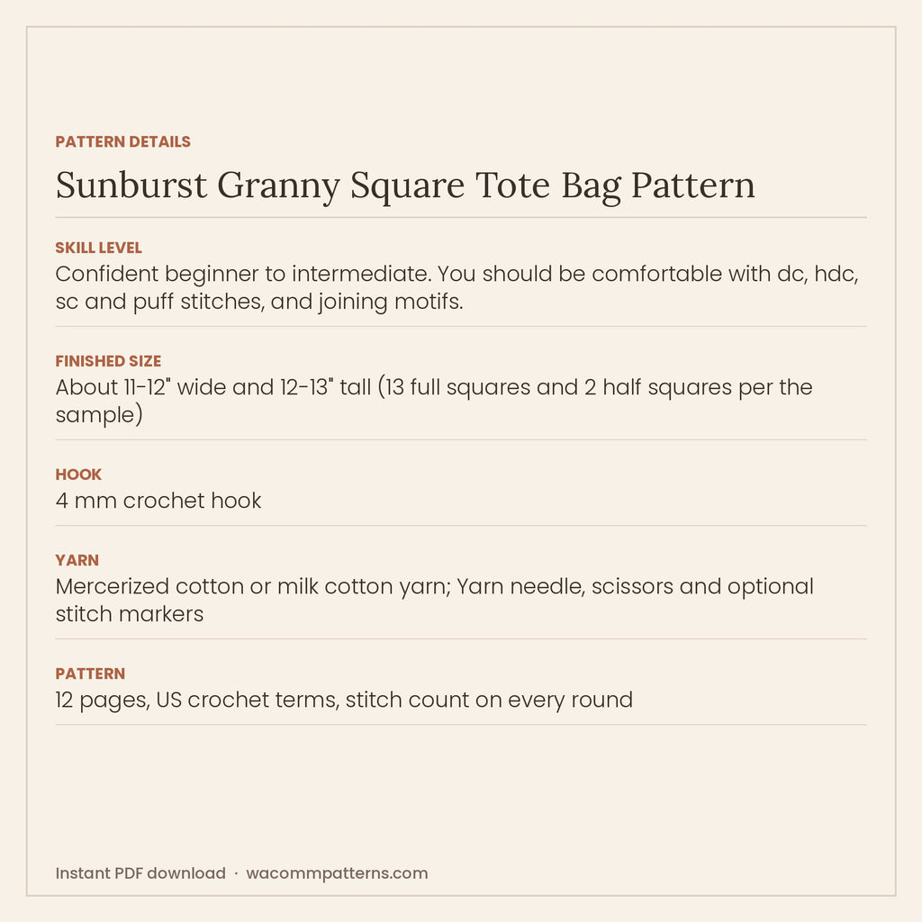Lacy crochet summer tote made from sunburst puff-stitch granny squares set on point - PDF crochet pattern, instant download