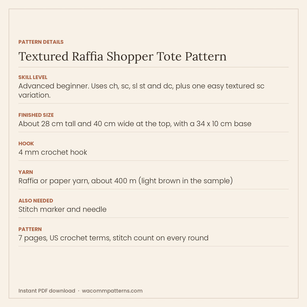Roomy crochet raffia shopper tote with a flat rectangular base and a dense slanted texture - PDF crochet pattern, instant download