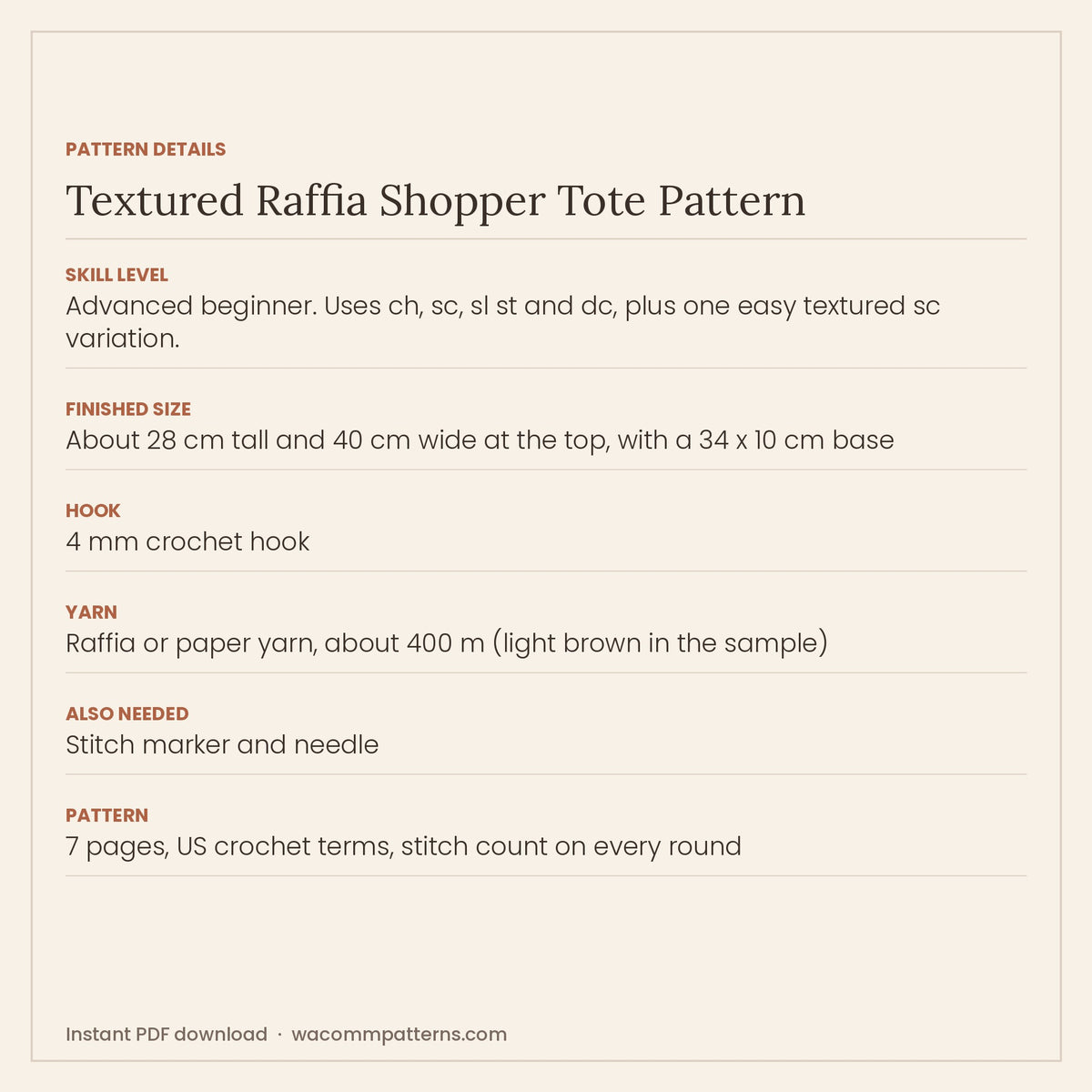 Roomy crochet raffia shopper tote with a flat rectangular base and a dense slanted texture - PDF crochet pattern, instant download