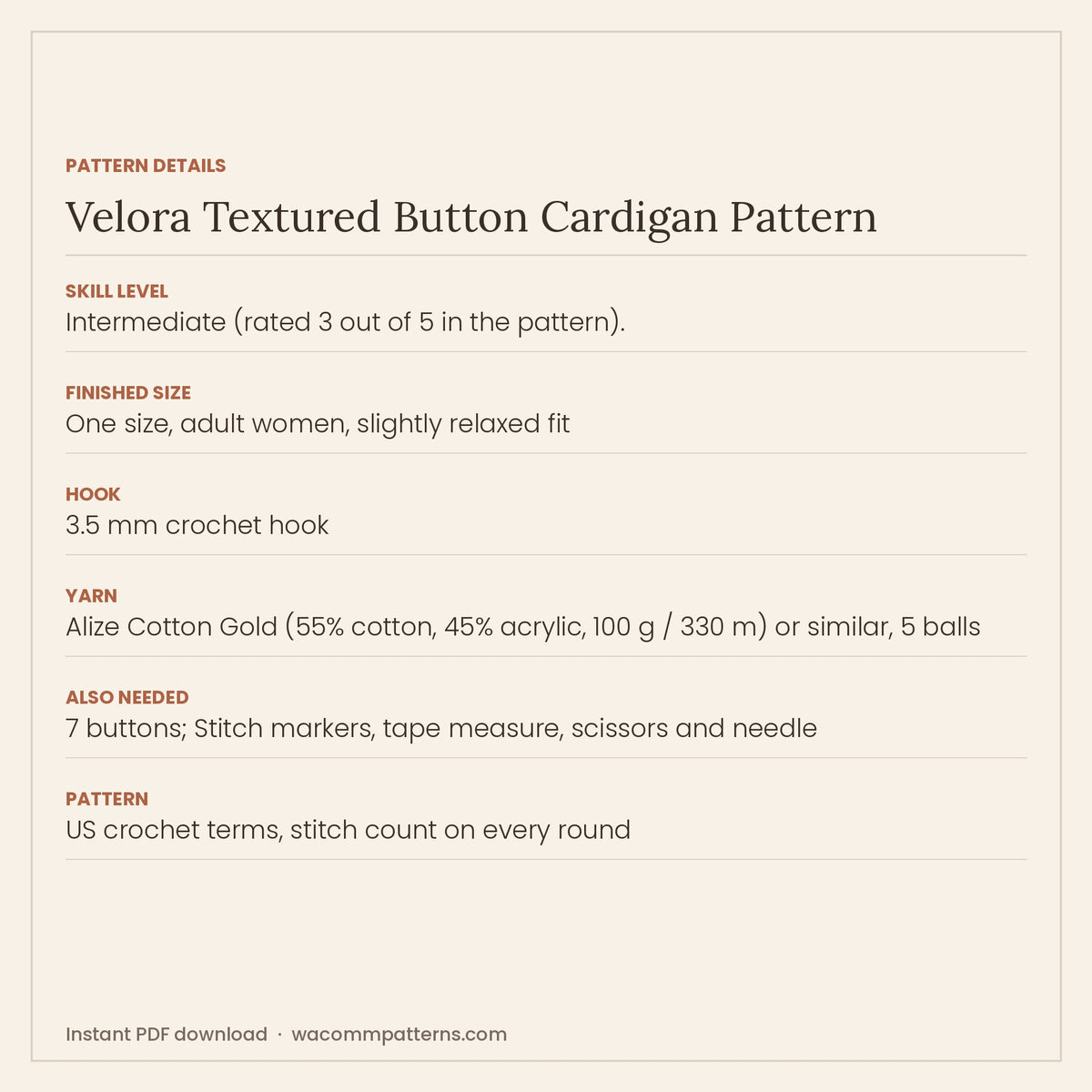 Crochet button-front cardigan in a wavy textured stitch with ribbed hem, cuffs and neckline - PDF crochet pattern, instant download