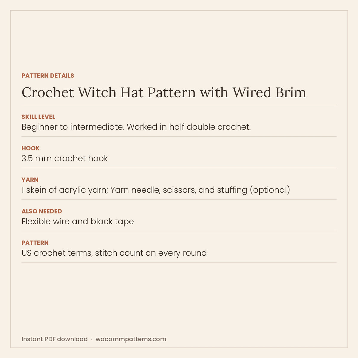 Wearable crochet witch hat with a tall pointed crown and a wide wired brim you can bend - PDF crochet pattern, instant download